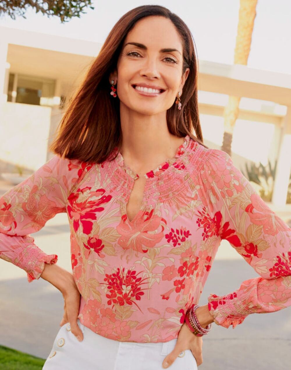 TALBOTS Pink Floral Smocked Lightweight Blouse // XL